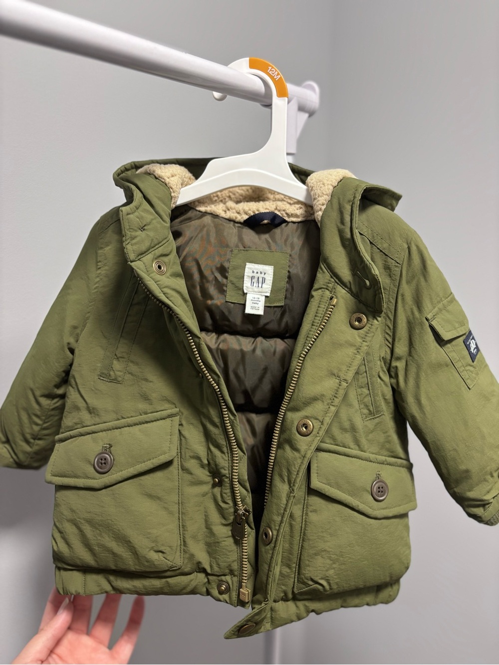 GAP Olive Green Hooded Puffer Coat with Sherpa Lining